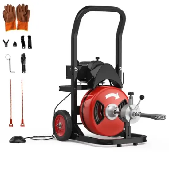 Drain Cleaning Machine 100Ft 1/2 Inch Cable, Sewer Snake Machine Auto Feed, Drain Auger with 4 Cutters & Air-activated Foot Switch for 2" to 4" Pipes image {7}