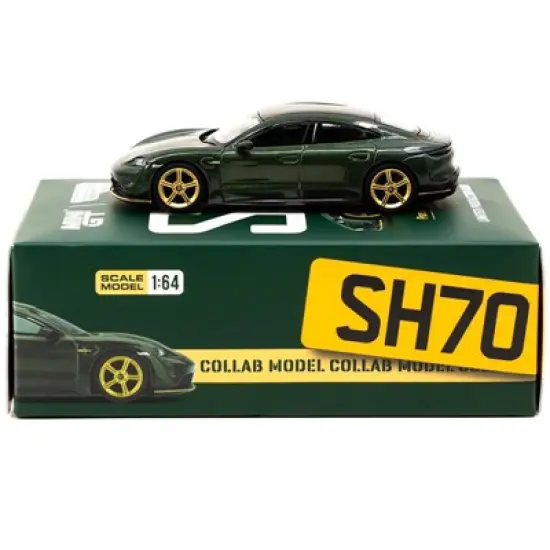 Porsche Taycan Turbo S Midnight Green Met. w/Black Top & Gold Wheels 1/64 Diecast Model Car True Scale Miniatures & Tarmac Works image {2}