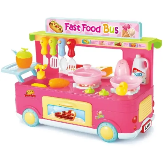 Ready! Set! Play! Link Little Chef 29 Piece Set, Fast Food Truck Bus Kitchen Toy, Food Pretend Play For Kids (Pink & Blue) image {4}
