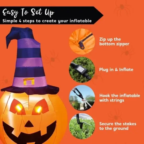 Joyfy 5 FT Halloween Inflatables Outdoor Decorations, Pumpkin Inflatable with Witch Hat, Built-in LEDs for Halloween Party Yard Garden Lawn Decoration image {6}