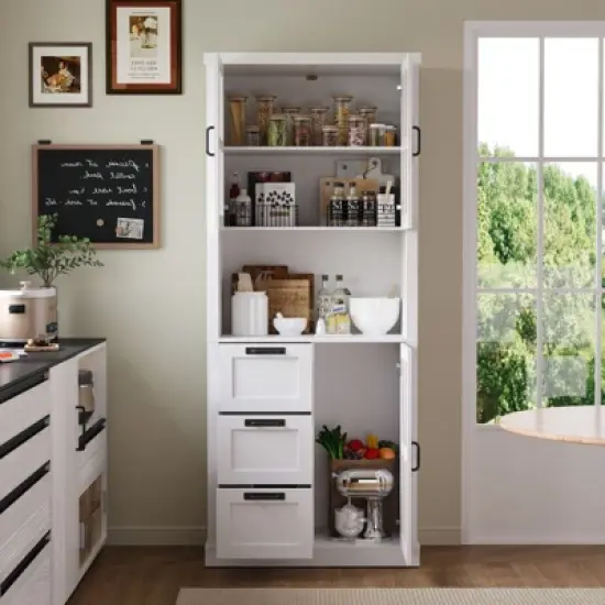 Famapy Modern Kitchen Pantry Cabinet,Tall Storage Organizer with Drawers,Glass Doors for Display,Floating Open Shelf,for Spices and Dishes image {2}