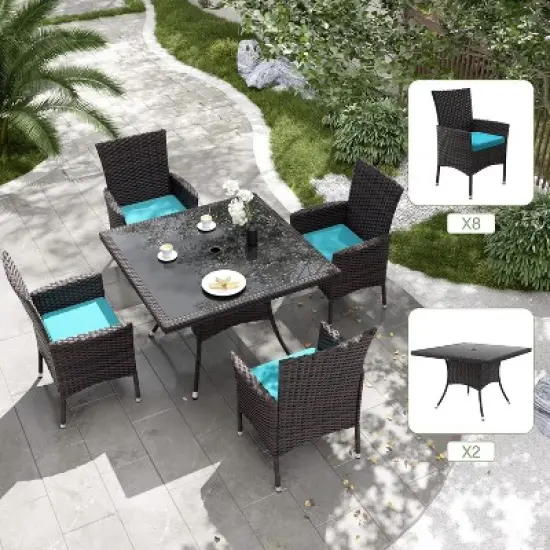 ALAULM Patio Furniture Outdoor Dining Set, Wicker Rattan Patio Dining Table and Chairs Set, Square Tempered Glass Tabletop with Umbrella Set image {4}