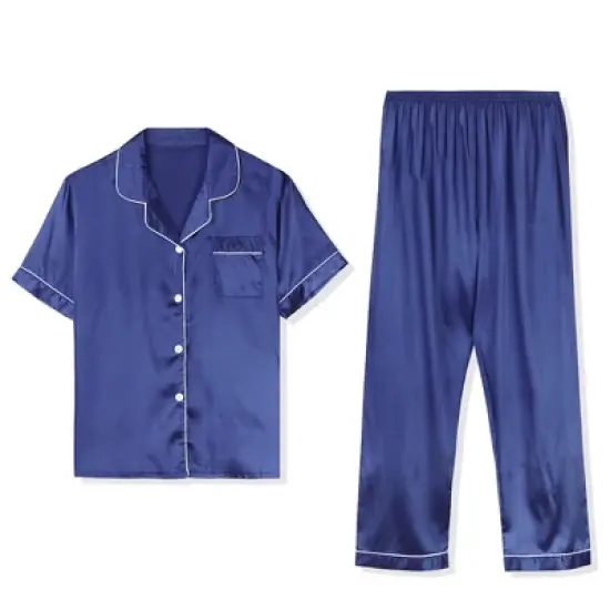 Lars Amadeus Men's Classic Satin Pajama Sets Short Sleeves Button Down Nightwear Sleepwears Loungewear Pjs image {5}