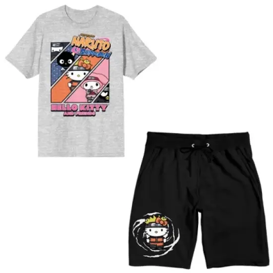 Naruto X Hello Kitty Character Panels Men's Short Sleeve Shirt & Sleep Shorts Set image {5}