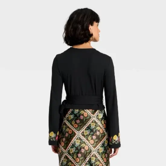 Latino Heritage Month Women's Long Sleeve V-Neck Knit Wrap Top - Black Floral image {1}