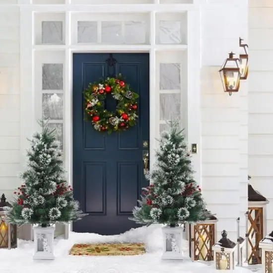 3FT Pre Lit Premium Potted Flocked Arctic Fir Christmas Tree , Artificial Mini Pre Lit Xmas Tree Christmas Decoration Snowman White Base image {5}