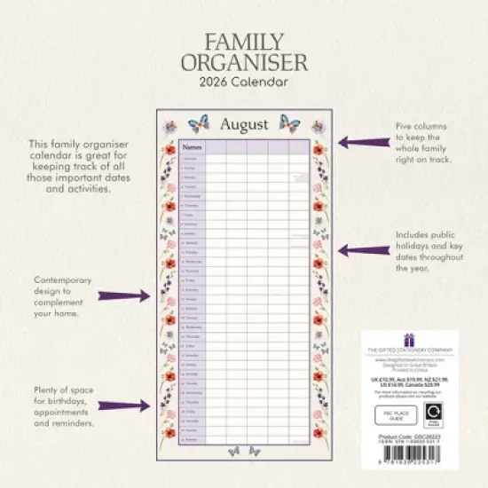 2026 Square Wall Calendar, Floral Family Organizer, 16-Month Home Organizers Theme with Reminder Stickers (12x12 In) image {3}