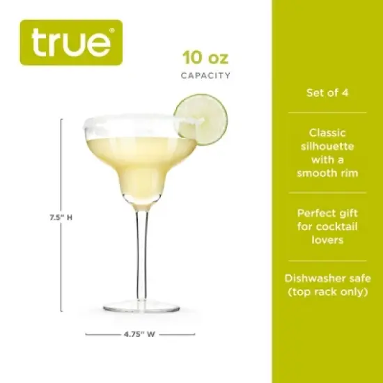 True Margarita Glass, Crystal Stemmed Cocktail Glasses, Dishwasher Safe, Mixed Drink Glasses, Daquiri Glass Holds 10 oz., Set of 4, Clear image {2}