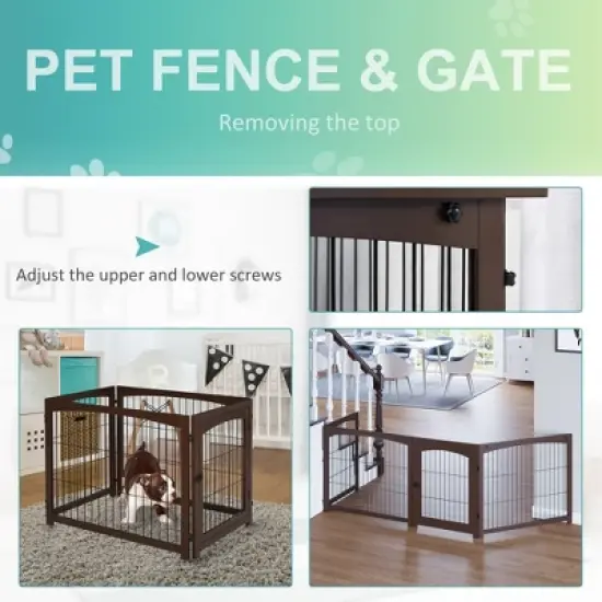 PawHut Wooden Decorative Dog Cage Pet Crate with Fence Side Table Small Animal House and Tabletop, Brown image {6}