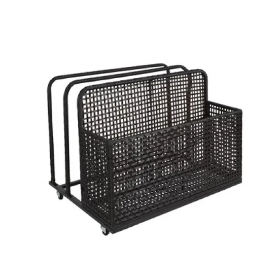 Pool Storage Bin, Rolling Poolside Float Storage with Towel Rack and Wheels, PE Rattan Mesh Organizer image {7}