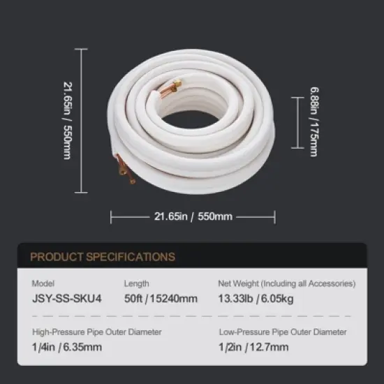 VEVOR 50FT Mini Split Line Set, 1/4" & 1/2" O.D Copper Pipes Tubing and Triple-Layer Insulation, for Mini Split Air Conditioning Refrigerant, White image {7}
