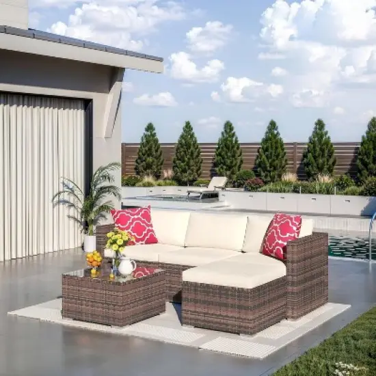 Garvee 5 Pieces Patio Furniture Set - Rattan Outdoor Sofa Set with Cushions, Wicker Sectional with Glass Coffee Table & Ottoman image {8}