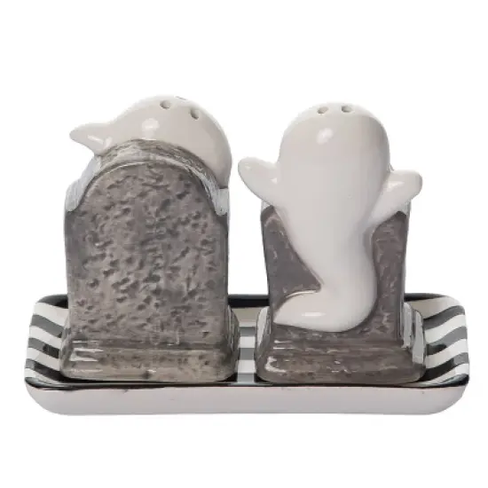 Transpac Dolomite Haunted Tombstone Salt and Pepper Shaker Set with Plate for Halloween Decor, Set of 3 Spooky Shakers image {2}