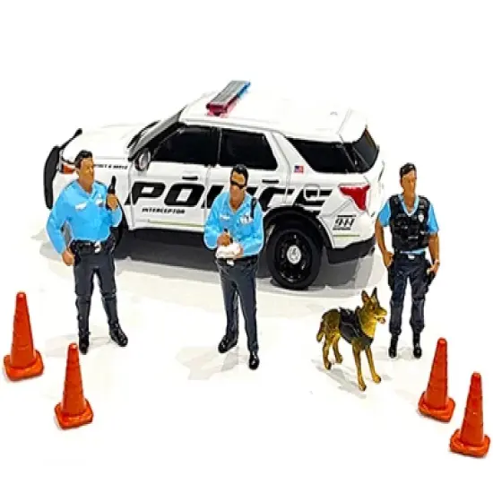 "Metropolitan Police" 8 piece Diecast Set (3 Figurines, 1 Dog and 4 Accessories) for 1/64 Scale Models by American Diorama image {1}