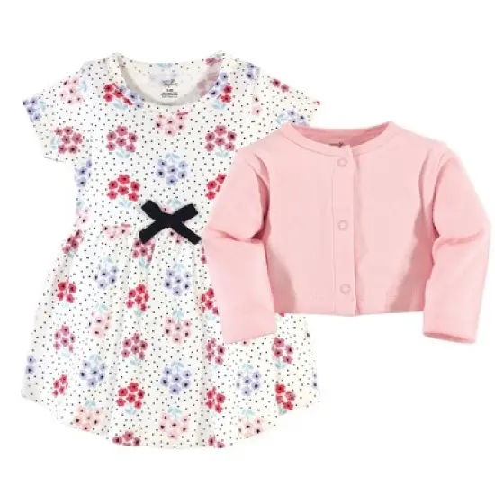 Touched by Nature Baby and Toddler Girl Organic Cotton Dress and Cardigan 2pc Set, Floral Dot image {1}
