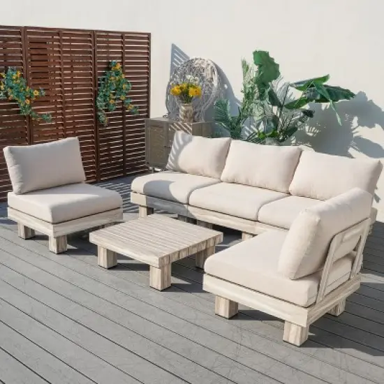 Moda Furnishings 5-Person Outdoor Patio Aluminum Wood Grain Sectional Seating Group With Beige Cushions image {1}