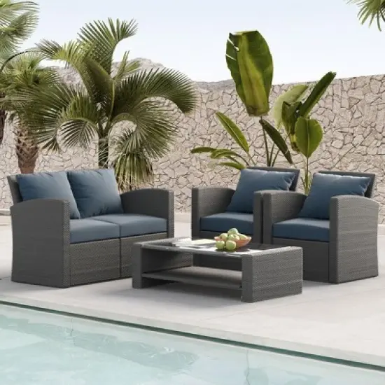 ELJGET 4 Piece Patio Furniture Set Outdoor Wicker Conversation Sets All Weather PE Rattan Sectional Sofa Set with Cushions & Coffee Table image {17}