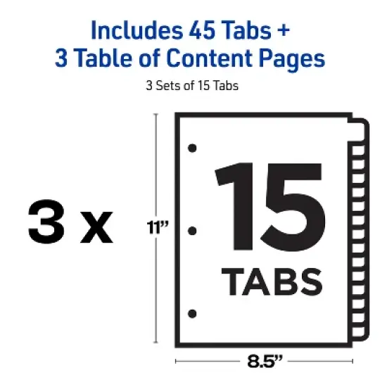 Avery Dividers for 3 Ring Binders, 15 Tabs per Set, Customizable Table of Contents, Multicolor Tabs (3 Sets of 11074) image {3}