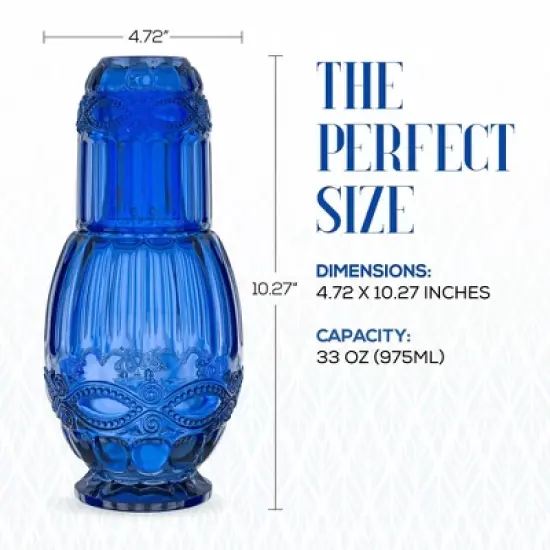 Elle Decor Bedside Water Carafe with Tumbler, 33-Ounce Pitcher and Matching Drinking Glass, Use Cup as a Lid for Carafe, Blue image {3}
