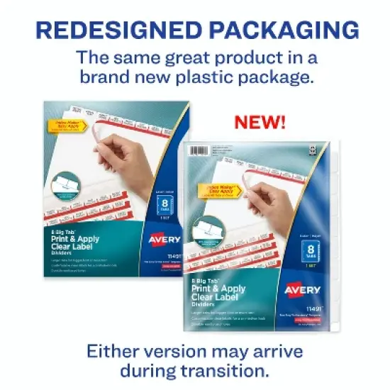 Avery 8 Big Tab Dividers for 3 Ring Binder, Easy Print & Apply Clear Label Strip, Index Maker Customizable White Tabs, 1 Set (11491) image {1}