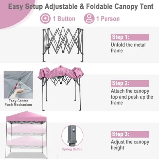 Tangkula 6.6x6.6 FT Folding Pop-up Canopy w/ 6.2-8 Height Adjustment Outdoor Pink image {6}