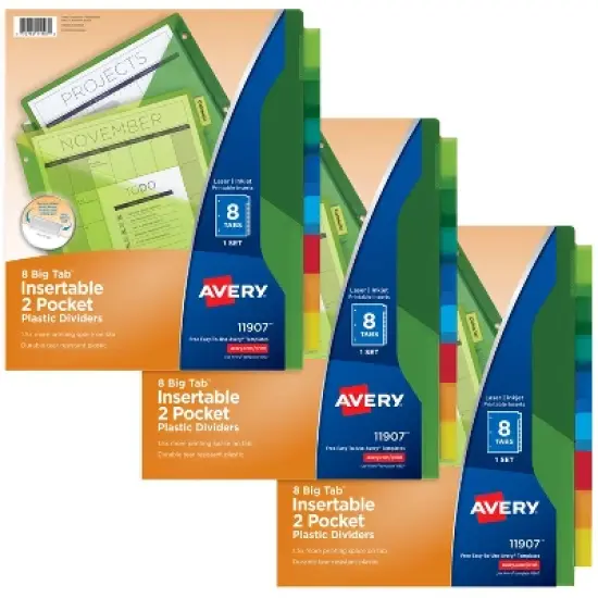 Avery Dividers for 3 Ring Binders, 8-Tab Binder Dividers, Two-Pocket Plastic Binder Dividers, Insertable Big Tab, Multicolor, 3 Sets (71907) image {8}