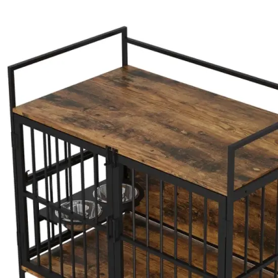 Furniture Style Large Dog Crate with 360&deg; & Adjustable Raised Feeder for Dogs 2 Stainless Steel Bowls -End Table House Pad image {4}