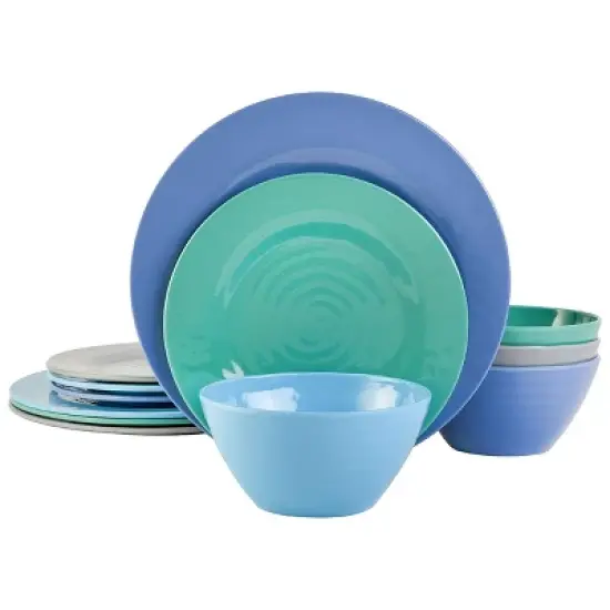 Gibson Home Brela 12 Piece Round Melamine Dinnerware Set in Assorted Blue image {5}