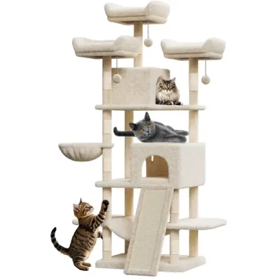 68.5'' Large Cat Tree, Heavy Duty Cat Tower with Condo, Plush Perches, Sisal Scratching Posts, Hammocks, Basket, Dangling Ball image {8}