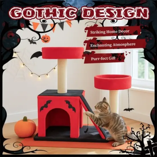Angel Sar 26'' Gothic Cat Tree with Spacious Condo, 2 Padded Perches and Spider Toy, Red Black Cat Tower for Large Cats image {5}