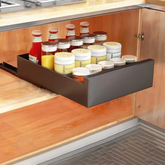Expandable Carbon Steel Pull Out Cabinet Organizer, Slide Out Drawer with Adhesive for Kitchen, Pantry, Bathroom Vanity image {8}