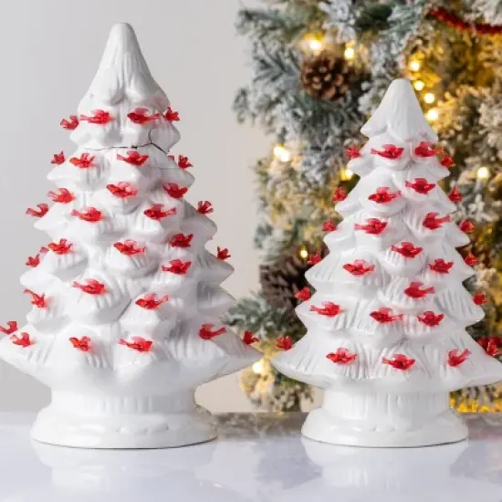 Transpac Small Ceramic Light Up Cardinal Tree - Festive Christmas Decorative Object for Holiday Cheer image {3}