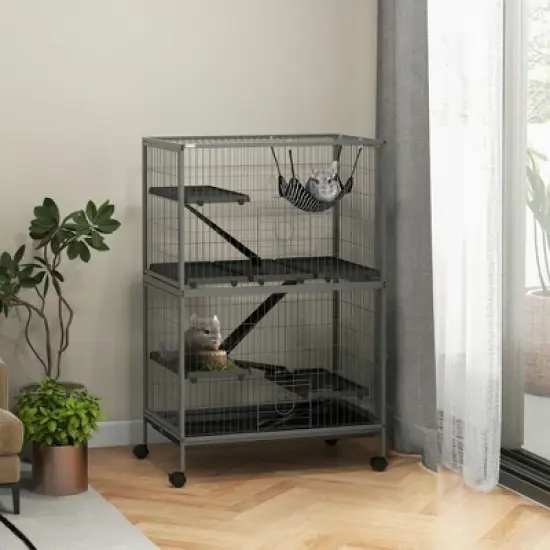 Resenkos 50" H Rolling Small Animal Cage with Hammock, Ferret Cage, Chinchilla Cage, Pet Habitat with 4 Doors, Removable Tray Gray image {11}