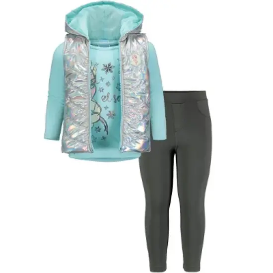Disney Frozen Princess Anna Elsa Girls Zip Up Vest Puffer T-Shirt and Leggings 3 Piece Outfit Set Toddler image {8}