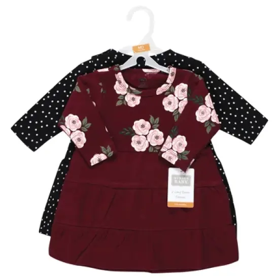Hudson Baby Girl Cotton Dresses, Black Burgundy Floral image {1}