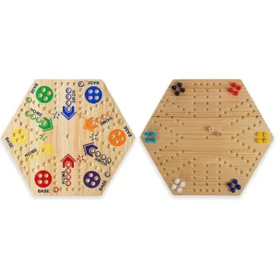 Flybold Wahoo Double Sided Painted Wooden Fast Track Board Game, 6 & 4 Player, 6 Colors, 24 Marbles, 6 Dice and Velvet Draw Bag image {1}