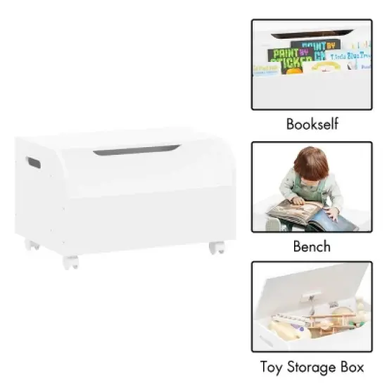 KTMBDW Wooden Toy Box, Kids Toy Storage Organizer with Front Bookshelf, Safety Hinge, Boys Girls Toy Chest Bench for Playroom Kids Room, White image {6}