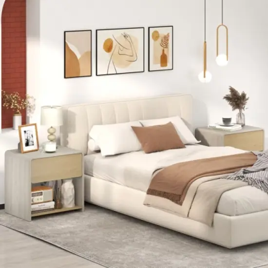 Tangkula 2 PCS Modern Style Nightstand 2-Tier Sofa Side Bedside Table w/ Drawer & Open Shelf image {1}