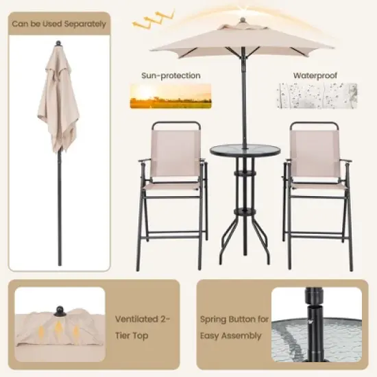 Costway 4PCS Patio Bistro Set Folding Counter Height Chairs Round Bar Table& Umbrella image {7}