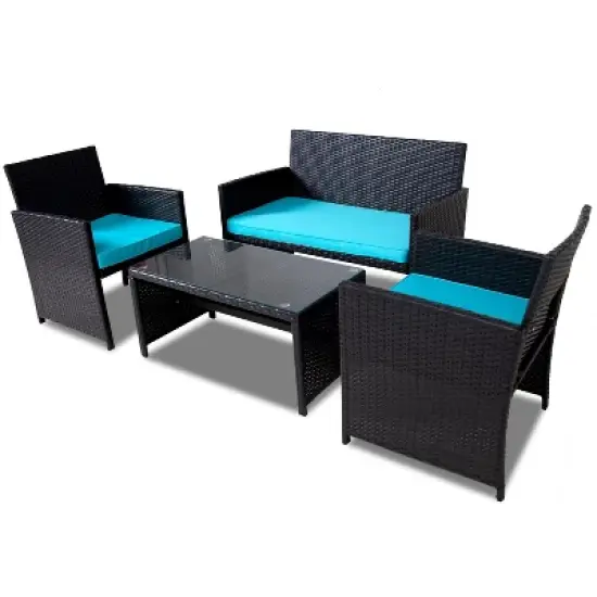 FIONECA Deluxe 4-Piece Patio Furniture Set &uml;C Black Rattan Outdoor Conversation Set with Light Blue Cushions & Table image {6}