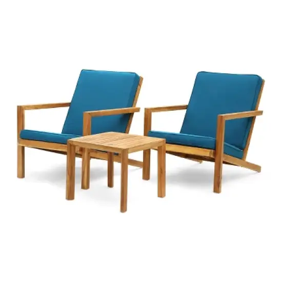 GDFStudio Ludwig Outdoor Acacia Wood 3 Piece Chat Set with Cushions image {10}