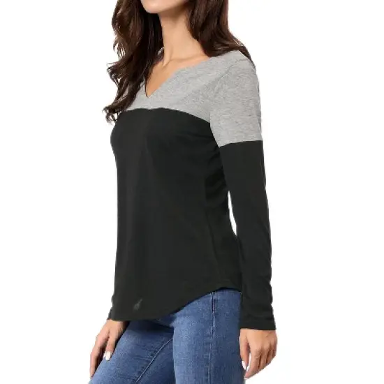 Allegra K Women's Color Block Stretch Split V-Neck T-Shirt image {3}