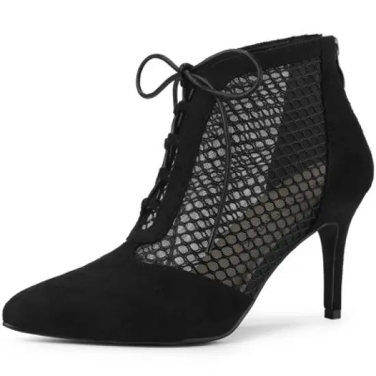 Allegra K Women's Mesh Lace Up Stiletto Heels Ankle Boots image {7}