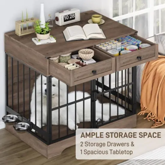 35"W Dog Kennel with Drawers, Pet Cage End Table with 2 Adjustable Bowls, Dog Crate Furniture, Brown image {2}