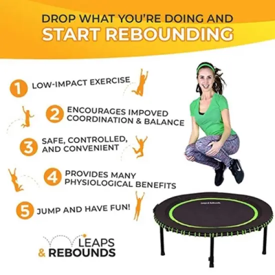 LEAPS & REBOUNDS 48" Round Mini Fitness Trampoline & Rebounder Indoor Home Gym Exercise Equipment Low Impact Workout for Adults, Gray image {3}