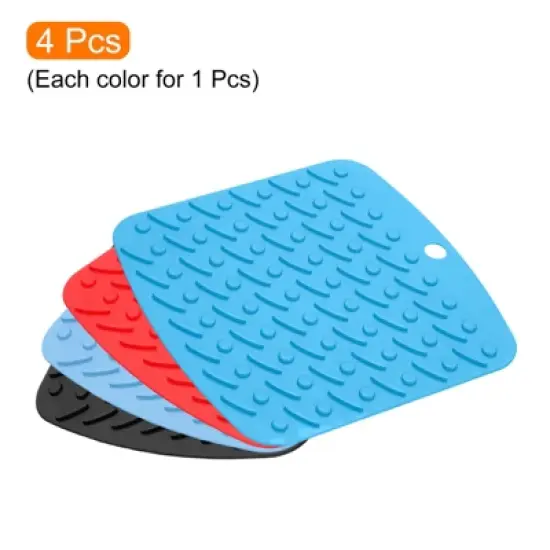 Unique Bargains Flexible Durable Non-Slip Silicone Trivet Mat Black/Red/Blue/Light Blue 4 Pcs image {2}