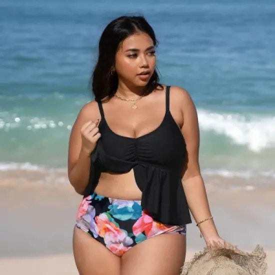 Women's Plus Size Flutter High Waist Tankini Set - Cupshe image {3}