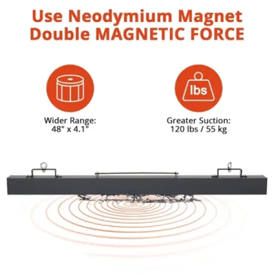 Heavy Duty Magnetic Sweeper, 48 Inch Hanging Construction Magnet with 120lbs Capacity for Nail, Bolt, Iron Chips Pickup - Forklift Accessory image {1}