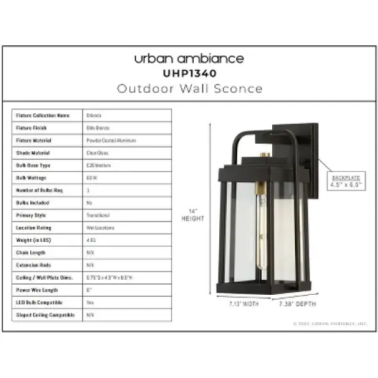 Urban Ambiance Luxury Transitional Outdoor Wall Sconce 14''H x 7.125''W,  Olde Bronze Finish,  Orlando Collection, UHP1340 image {2}
