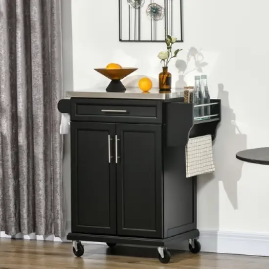 HOMCOM Rolling Kitchen Island Utility Trolley, Storage Cart on Wheels With Drawer, Spice Rack, Black image {1}